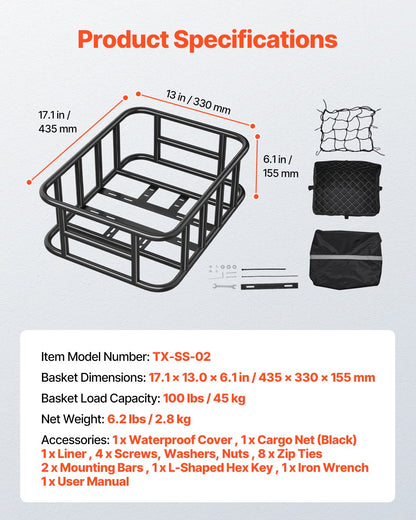 Rear Bike Basket, Medium Bicycle Basket with Cargo Net, Liner & Waterproof Cover, Heavy Duty Bike Back Basket for Adult Women/Men Carrying Dogs, Pets, Fruit & Grocery, Mounting Tools Included