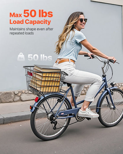 Rear Bike Basket, Metal Wire Bicycle Basket with Reflective Tail Light & Waterproof Cover, Durable Bike Back Basket, Fits to Most Rear Bike Racks