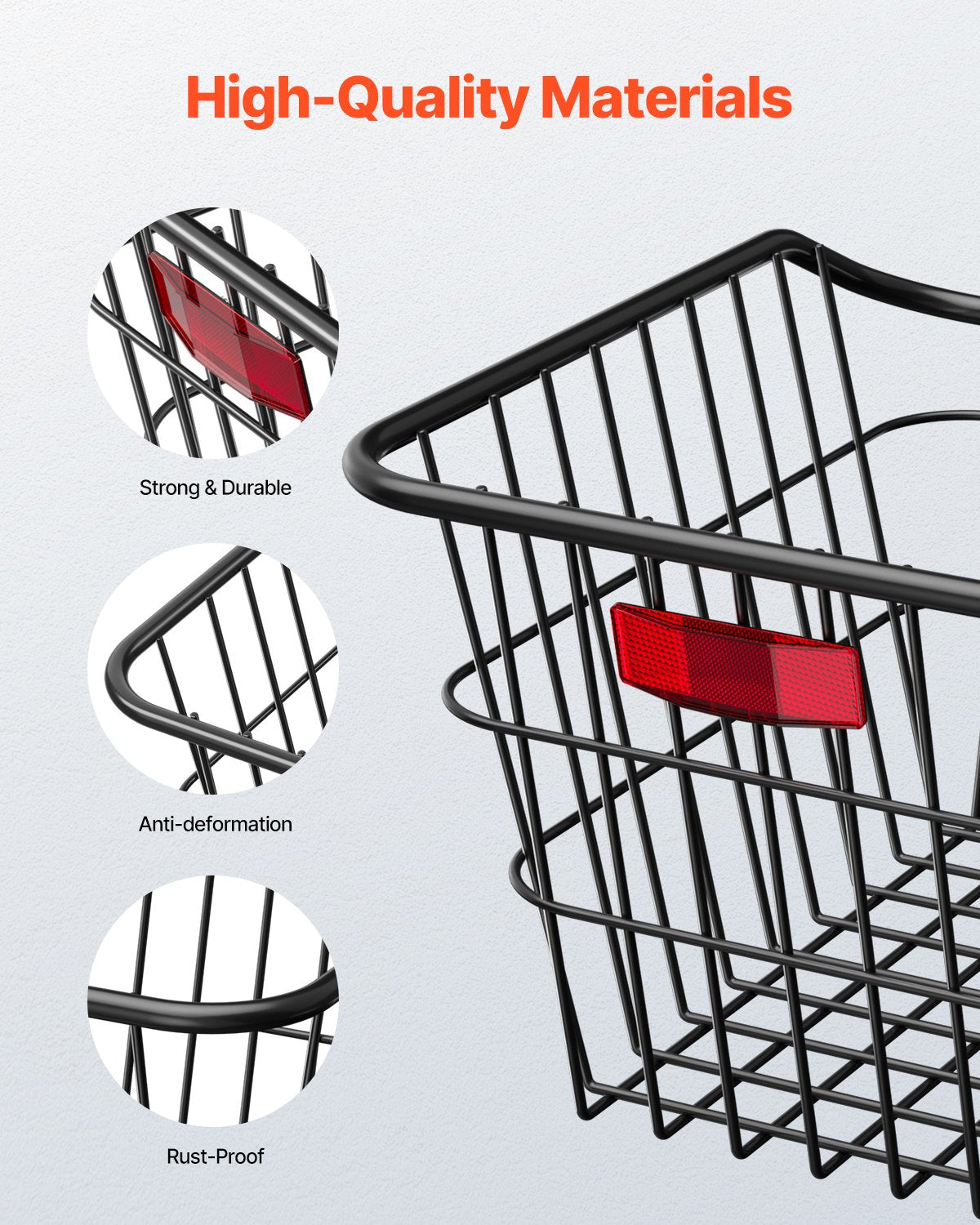 Rear Bike Basket, Metal Wire Bicycle Basket with Reflective Tail Light & Waterproof Cover, Durable Bike Back Basket, Fits to Most Rear Bike Racks