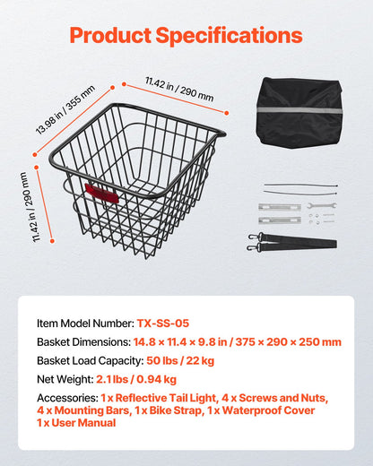 Rear Bike Basket, Metal Wire Bicycle Basket with Reflective Tail Light & Waterproof Cover, Durable Bike Back Basket, Fits to Most Rear Bike Racks
