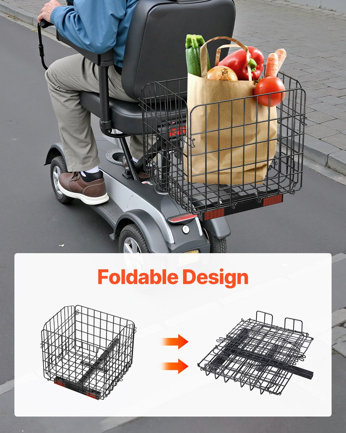 Bakkorg för skoter, hopfällbar metallkorg, kraftig och rymlig lastkorg, fungerar med 2,5 cm mottagare, kompatibel med de flesta Golden-, Drive- och Pride-skotrar