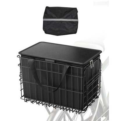 Rear Bike Basket, Folding Wire Bicycle Basket with Cargo Net, Removable Liner Bag & Waterproof Cover, Quick Release Design Bike Basket for Adult Women/Men Carrying Dogs Pets Fruit & Grocery