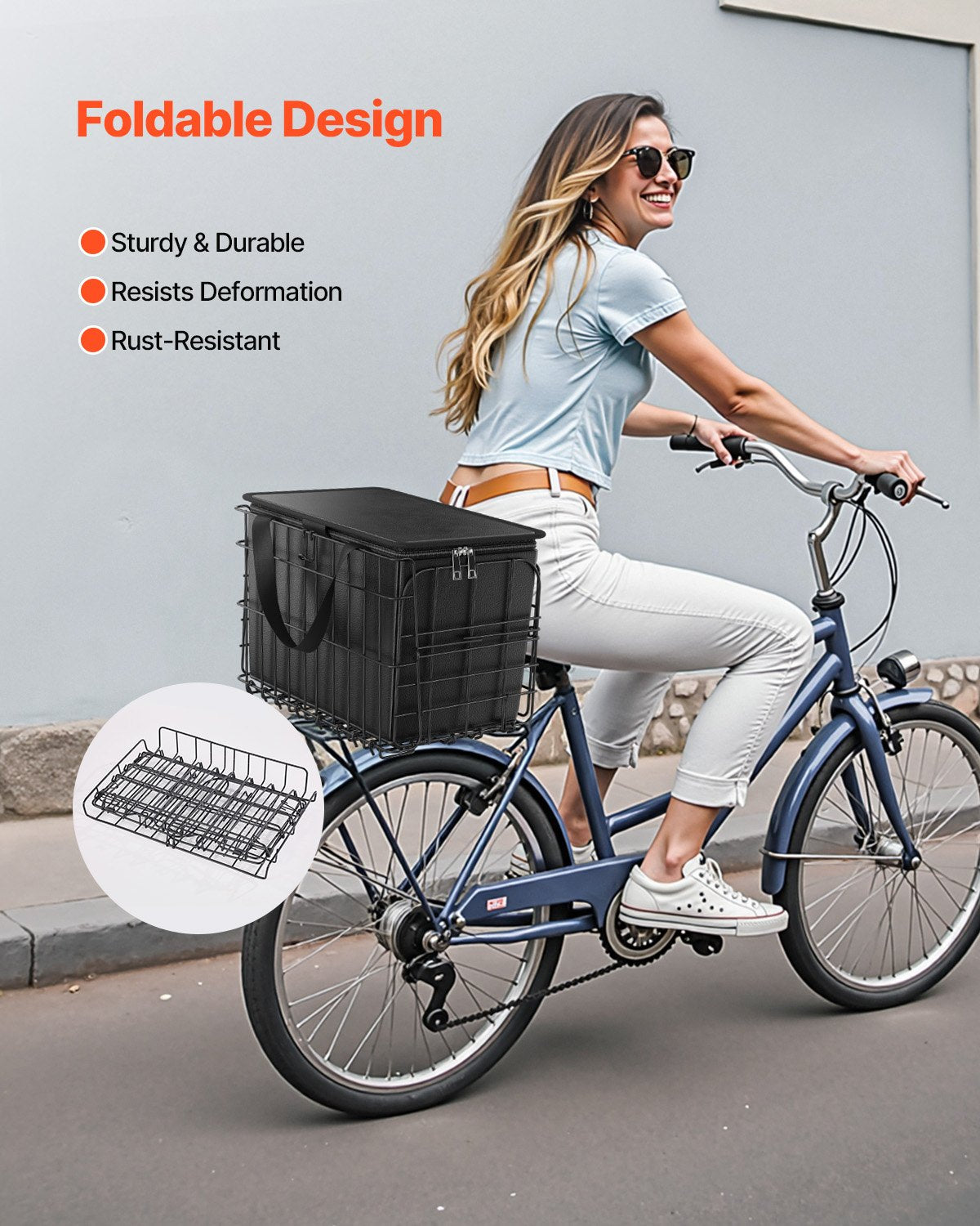 Rear Bike Basket, Folding Wire Bicycle Basket with Cargo Net, Removable Liner Bag & Waterproof Cover, Quick Release Design Bike Basket for Adult Women/Men Carrying Dogs Pets Fruit & Grocery