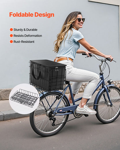 Rear Bike Basket, Folding Wire Bicycle Basket with Cargo Net, Removable Liner Bag & Waterproof Cover, Quick Release Design Bike Basket for Adult Women/Men Carrying Dogs Pets Fruit & Grocery