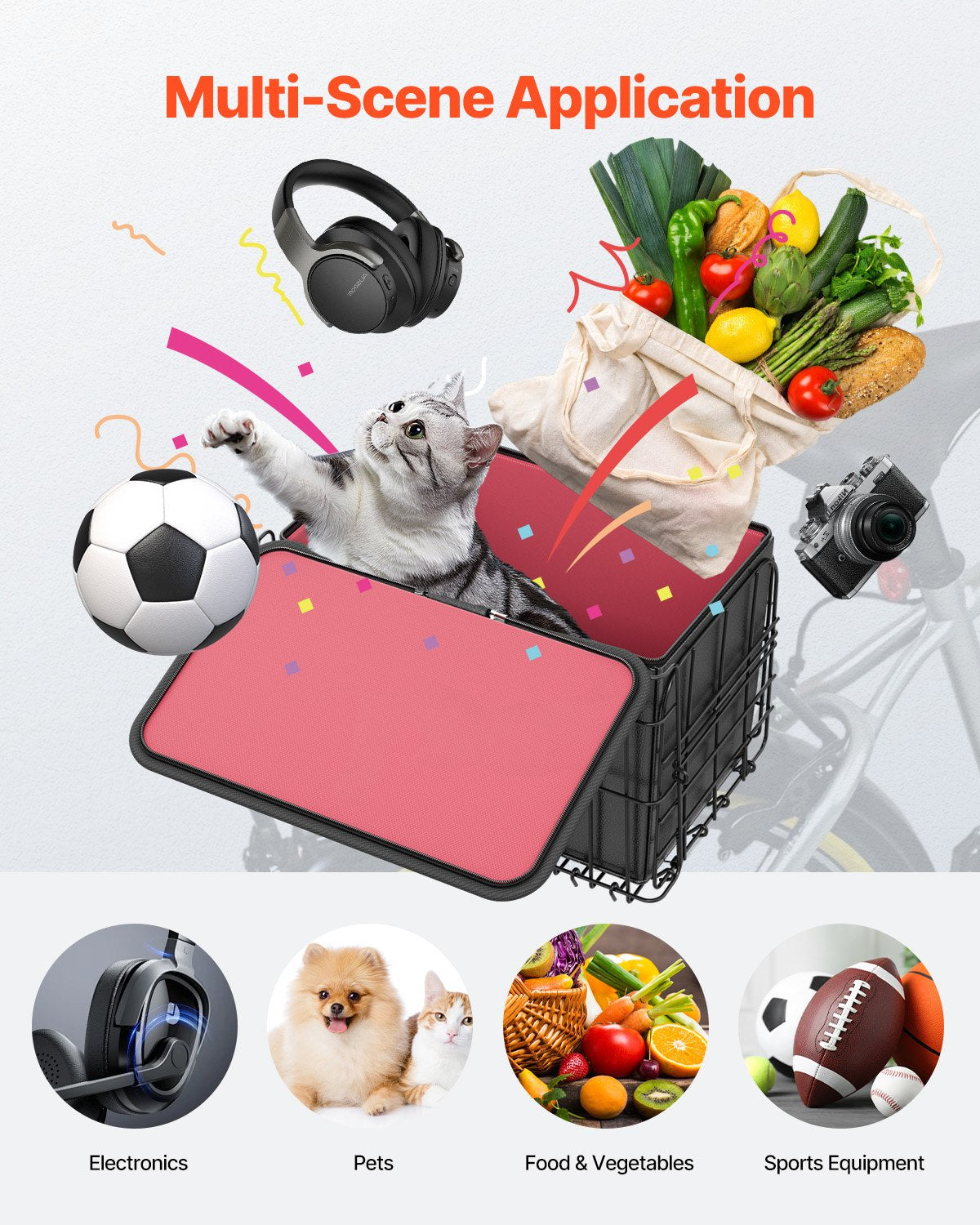 Rear Bike Basket, Folding Wire Bicycle Basket with Cargo Net, Removable Liner Bag & Waterproof Cover, Quick Release Design Bike Basket for Adult Women/Men Carrying Dogs Pets Fruit & Grocery