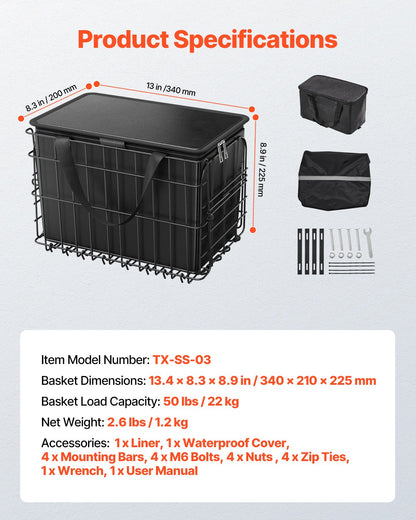 Rear Bike Basket, Folding Wire Bicycle Basket with Cargo Net, Removable Liner Bag & Waterproof Cover, Quick Release Design Bike Basket for Adult Women/Men Carrying Dogs Pets Fruit & Grocery