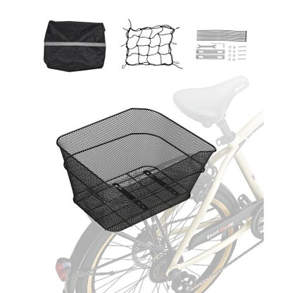 Rear Bike Basket, Wire Mesh Bicycle Basket with Cargo Net & Waterproof Cover, Durable Metal Bike Back Basket, Fits Most Rear Bike Racks, Mounting Tools Included