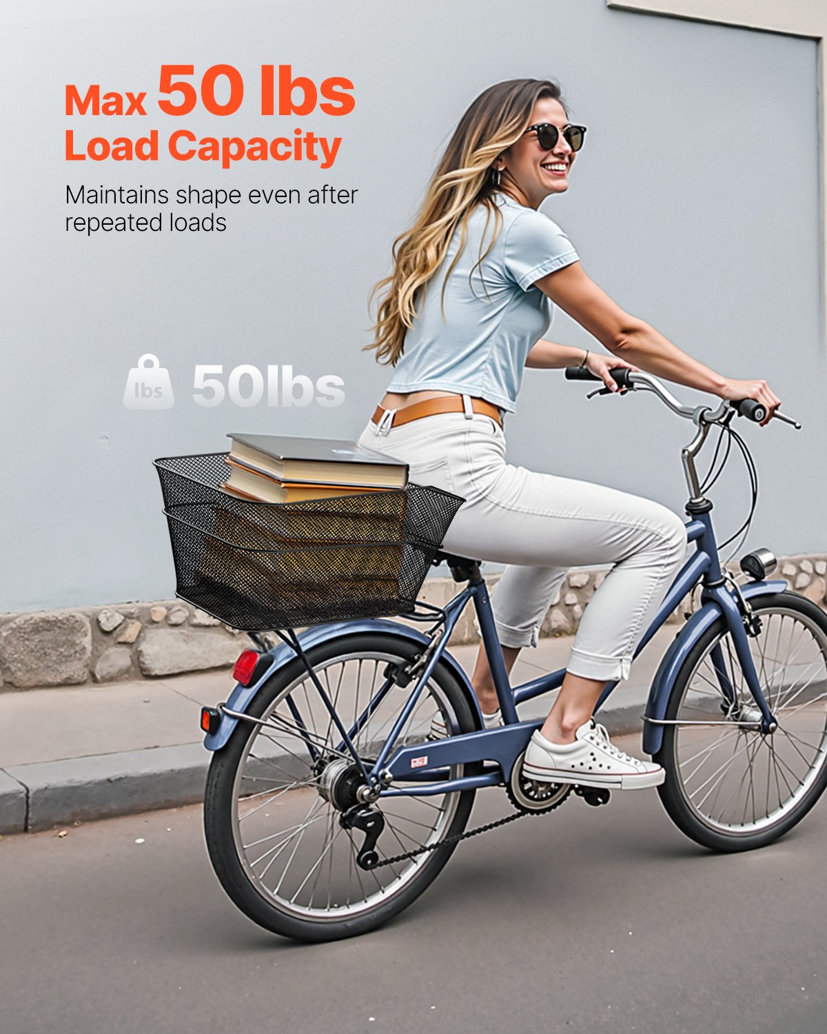 Rear Bike Basket, Wire Mesh Bicycle Basket with Cargo Net & Waterproof Cover, Durable Metal Bike Back Basket, Fits Most Rear Bike Racks, Mounting Tools Included