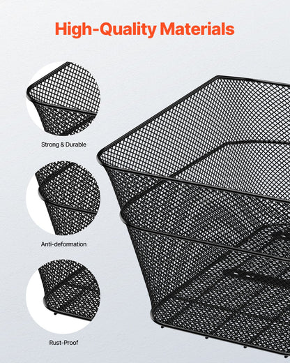 Rear Bike Basket, Wire Mesh Bicycle Basket with Cargo Net & Waterproof Cover, Durable Metal Bike Back Basket, Fits Most Rear Bike Racks, Mounting Tools Included
