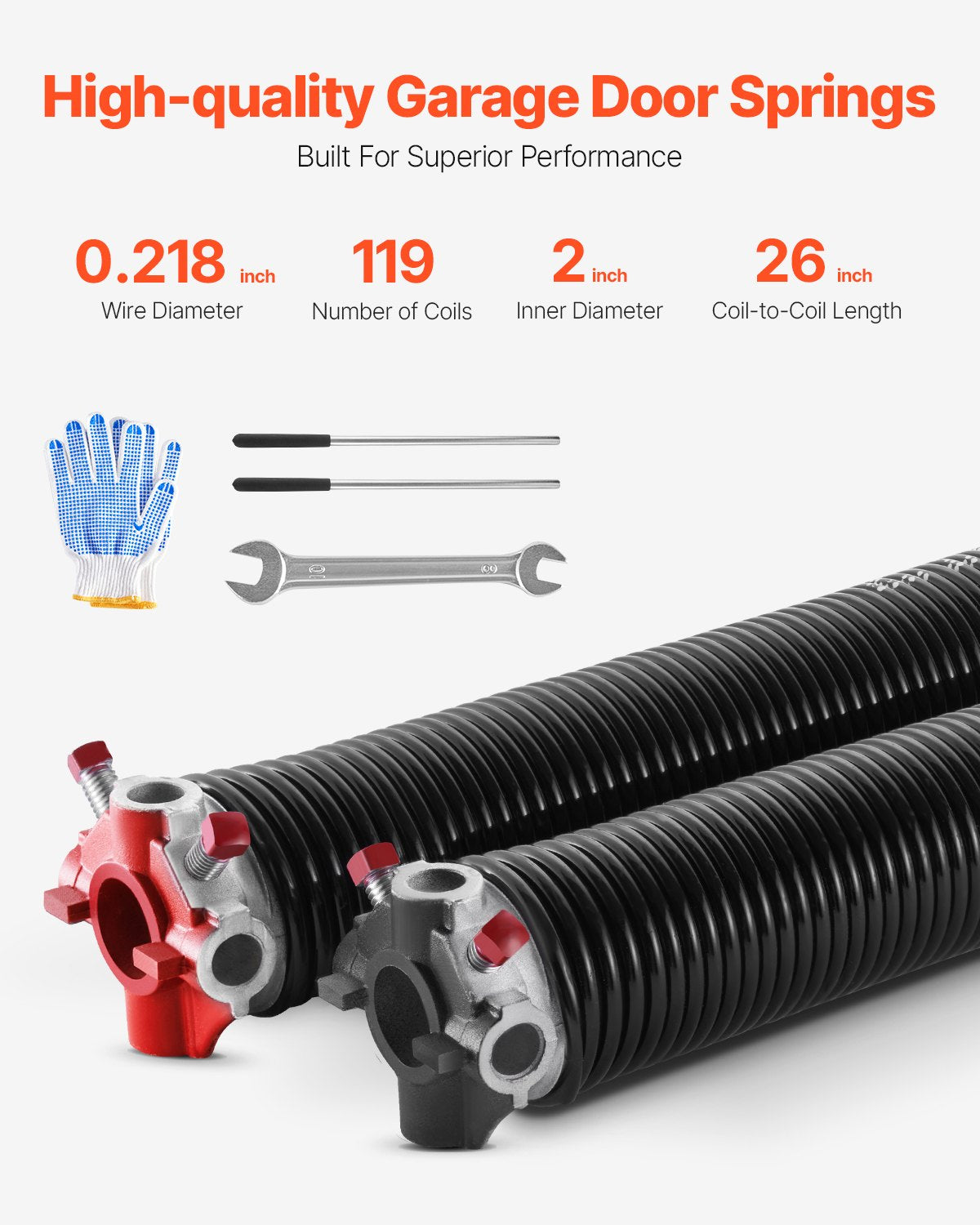 Garageportsfjädrar, par om 0,218 x 2 x 26 tum, 16 000 cykler, elektrofores svartbelagda för utbyte, garageportsfjädrar med halkfria lindningsstänger, handskar och monteringsnyckel