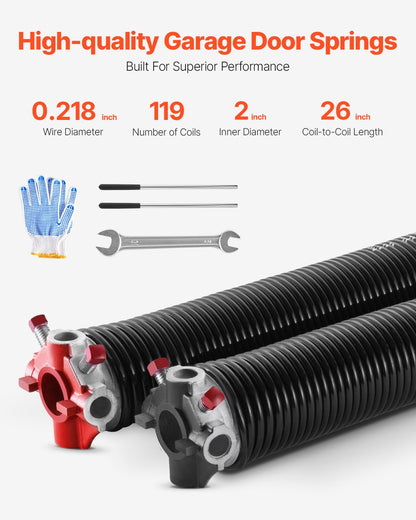 Garageportsfjädrar, par om 0,218 x 2 x 26 tum, 16 000 cykler, elektrofores svartbelagda för utbyte, garageportsfjädrar med halkfria lindningsstänger, handskar och monteringsnyckel