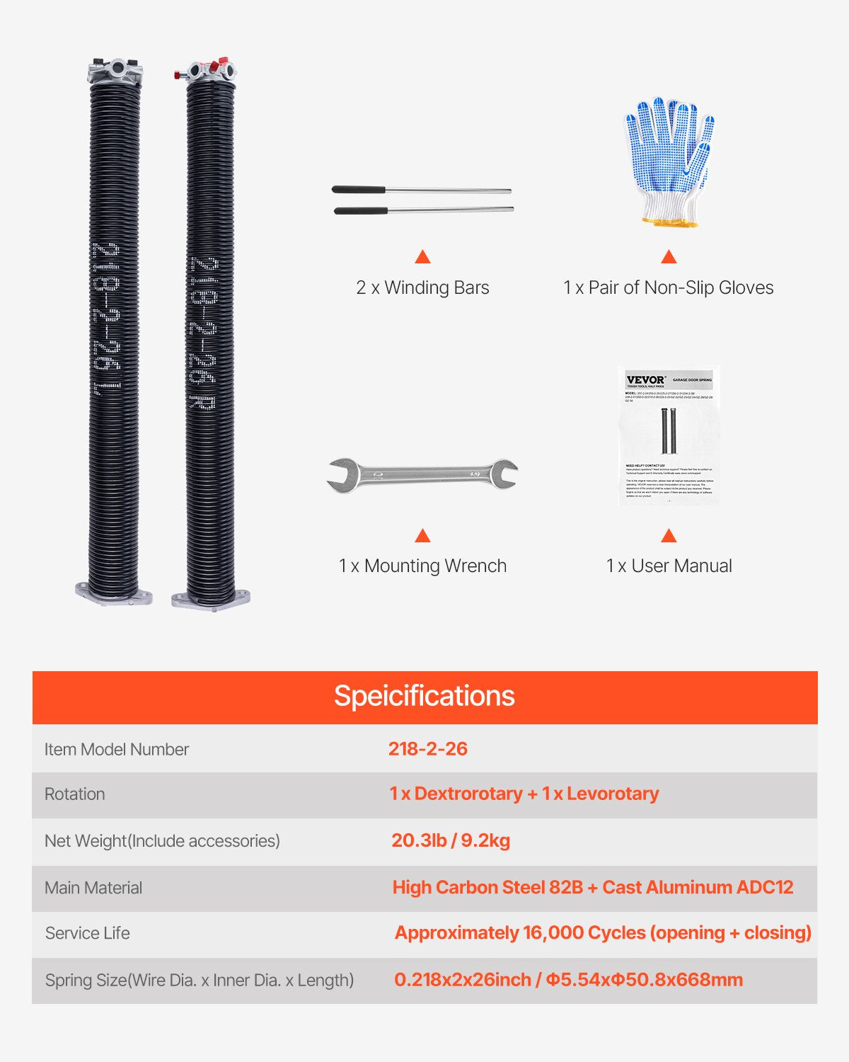 Garageportsfjädrar, par om 0,218 x 2 x 26 tum, 16 000 cykler, elektrofores svartbelagda för utbyte, garageportsfjädrar med halkfria lindningsstänger, handskar och monteringsnyckel