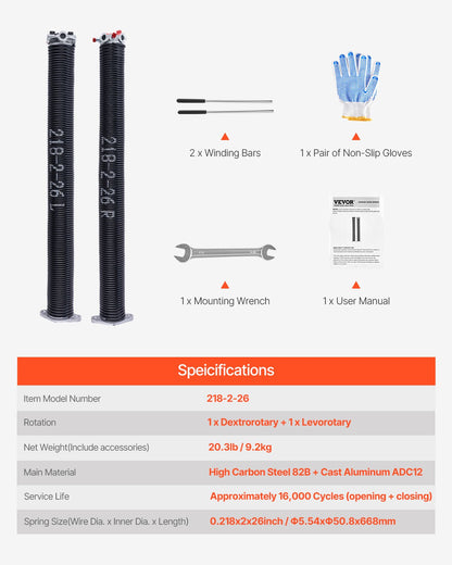 Garageportsfjädrar, par om 0,218 x 2 x 26 tum, 16 000 cykler, elektrofores svartbelagda för utbyte, garageportsfjädrar med halkfria lindningsstänger, handskar och monteringsnyckel