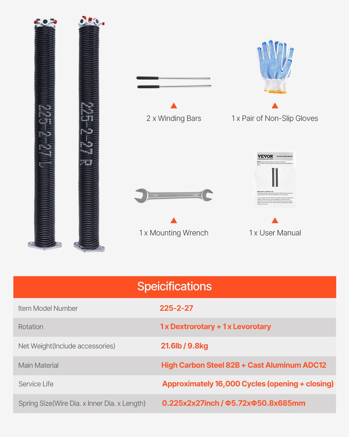 Garage Door Torsion Springs, Pair of 0.225 x 2 x 27 in, 16000 Cycles, Electrophoresis Black Coated for Replacement, Garage Door Springs with Non-Slip Winding Bars, Gloves and Mounting Wrench