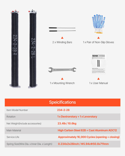 Garage Door Torsion Springs, Pair of 0.234 x 2 x 28 in, 16000 Cycles, Electrophoresis Black Coated for Replacement, Garage Door Springs with Non-Slip Winding Bars, Gloves and Mounting Wrench