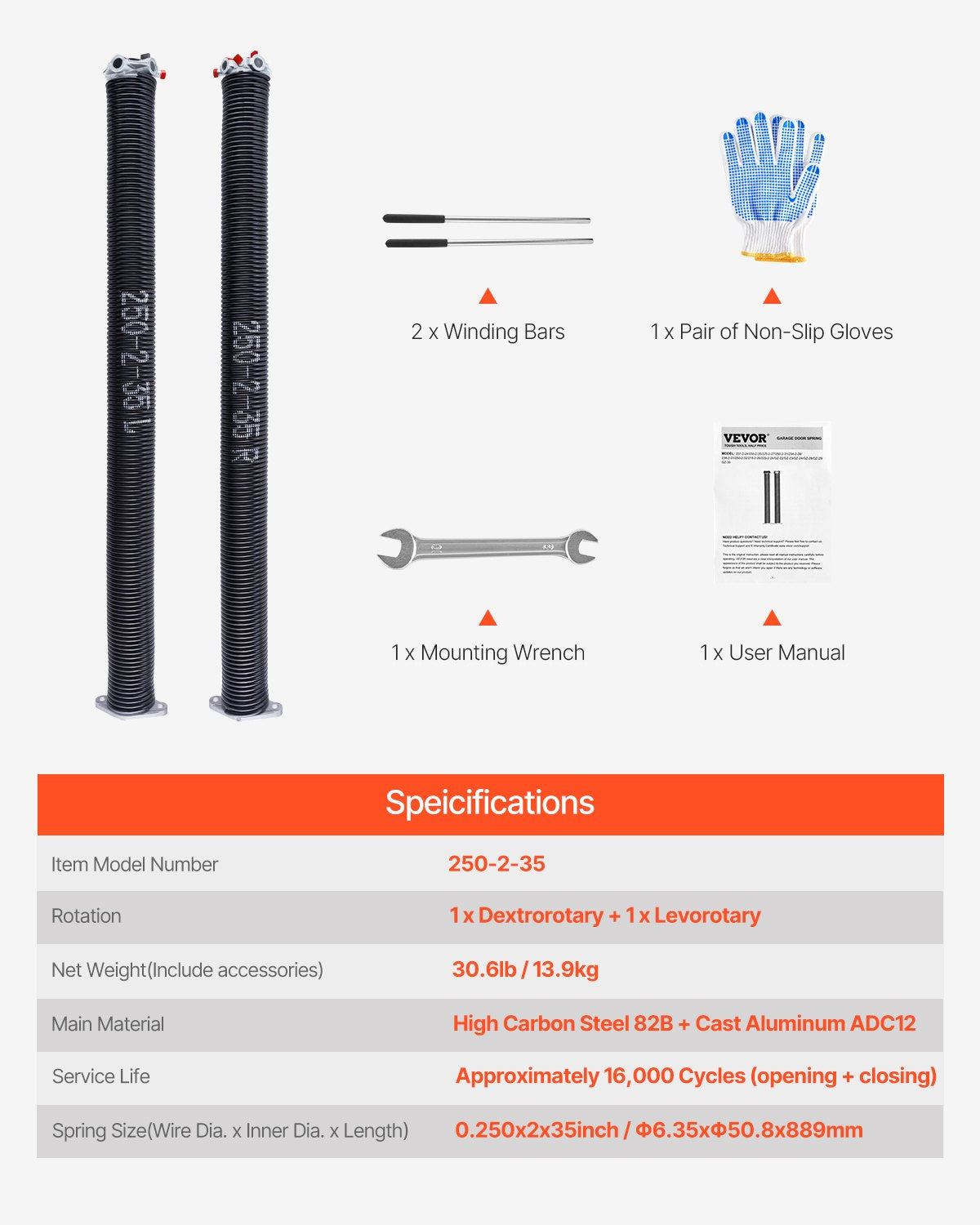 Garageportsfjädrar, par om 0,250 x 2 x 35 tum, 16 000 cykler, elektrofores svartbelagda för utbyte, garageportsfjädrar med halkfria lindningsstänger, handskar och monteringsnyckel