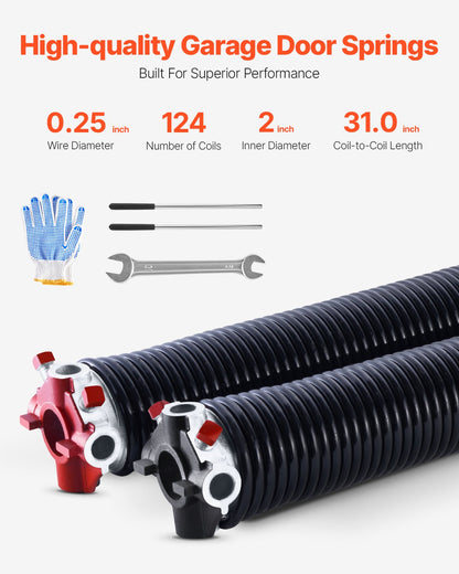 Garage Door Torsion Springs, Pair of 0.25 x 2 x 31 in, 16000 Cycles, Electrophoresis Black Coated for Replacement, Garage Door Springs with Non-Slip Winding Bars, Gloves and Mounting Wrench