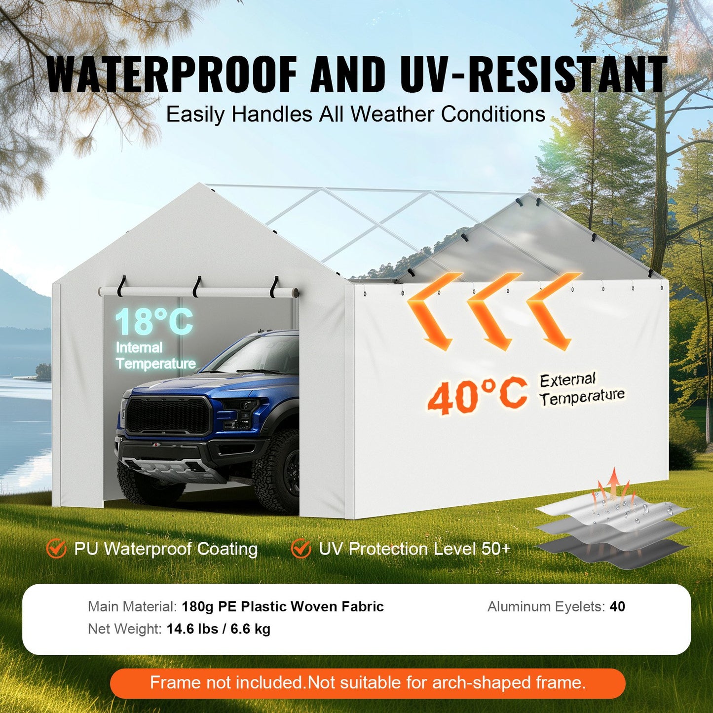 Carport Replacement Canopy Cover Side Wall 10 x 20 ft, Garage Tent Shelter Tarp Heavy-Duty Waterproof & UV Protected, Easy Installation with Ball Bungees,White (Top and Frame Not Included)