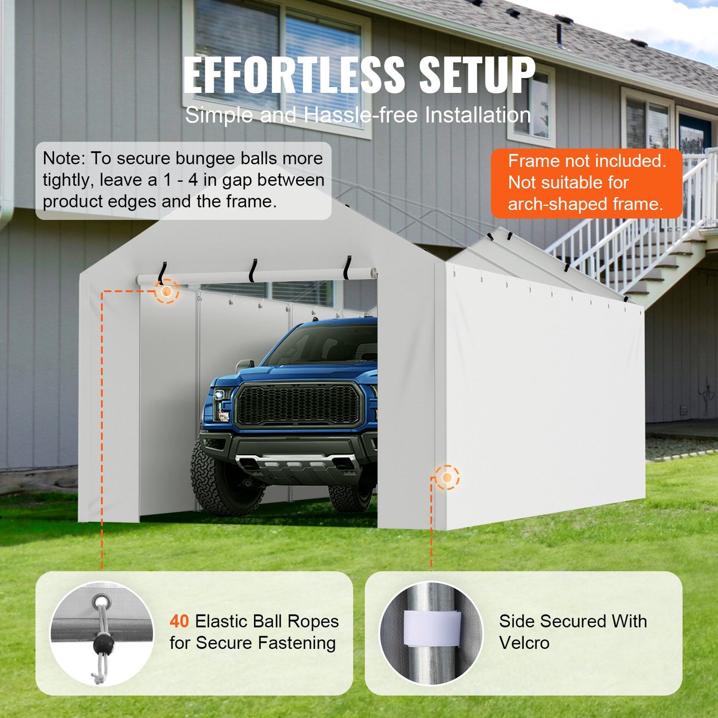 Carport Replacement Canopy Cover Side Wall 10 x 20 ft, Garage Tent Shelter Tarp Heavy-Duty Waterproof & UV Protected, Easy Installation with Ball Bungees,White (Top and Frame Not Included)