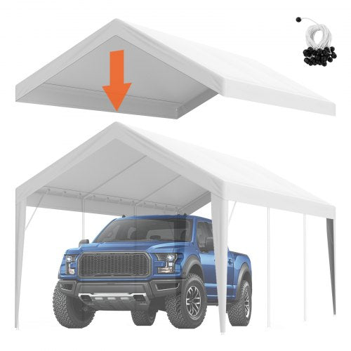 Carport Replacement Canopy Cover 6100 x 3040 mm, Garage Top Tent Shelter Tarp Heavy-Duty Waterproof & UV Protected, Easy Installation with Ball Bungees,White (Only Top Cover, Frame Not Include)