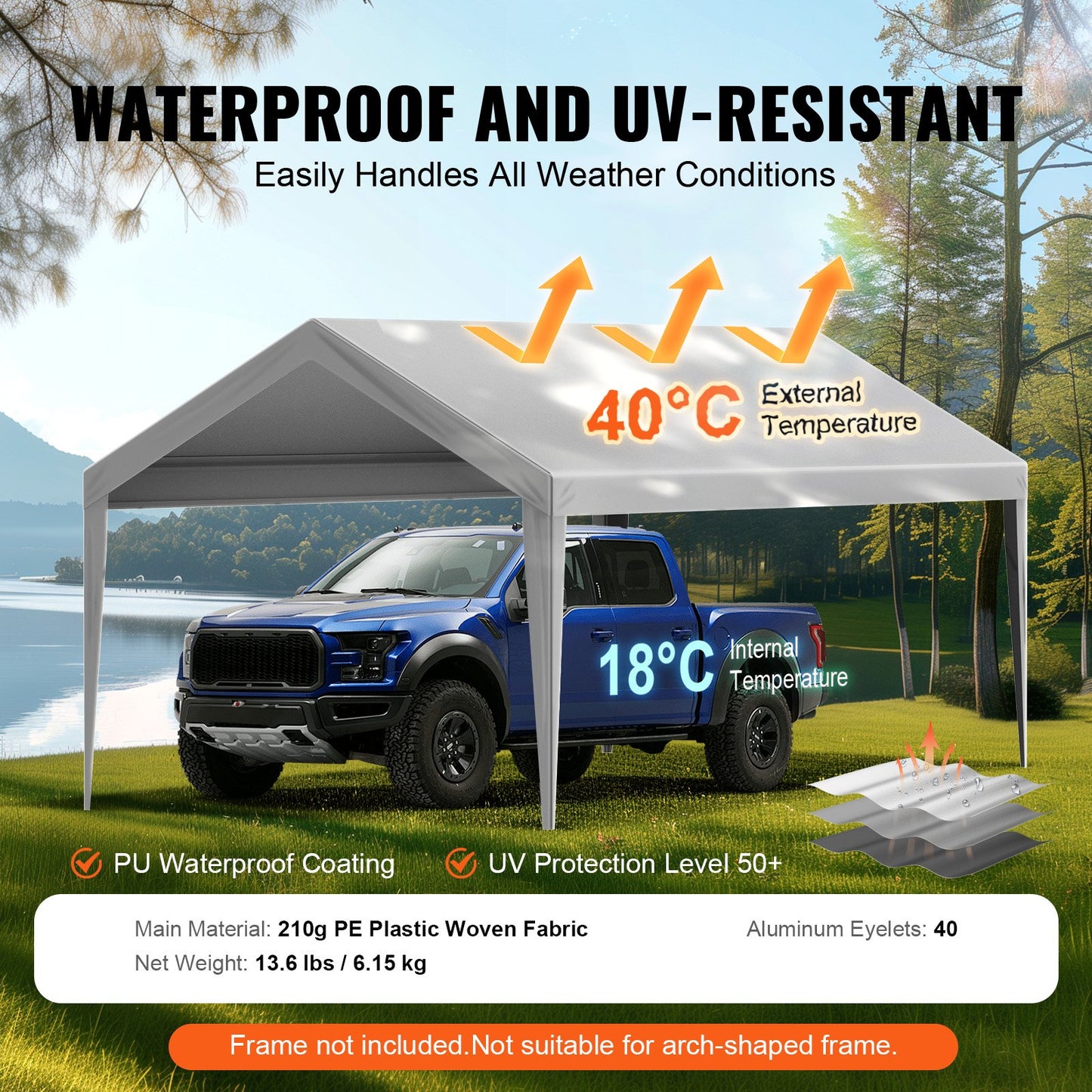 Carport Replacement Canopy Cover 6100 x 3040 mm Garage Top Tent Shelter Tarp Heavy-Duty Waterproof & UV Protected, Easy Installation with Ball Bungees,Grey (Only Top Cover, Frame Not Include)