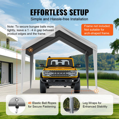 Carport Replacement Canopy Cover 6100 x 3040 mm Garage Top Tent Shelter Tarp Heavy-Duty Waterproof & UV Protected, Easy Installation with Ball Bungees,Grey (Only Top Cover, Frame Not Include)