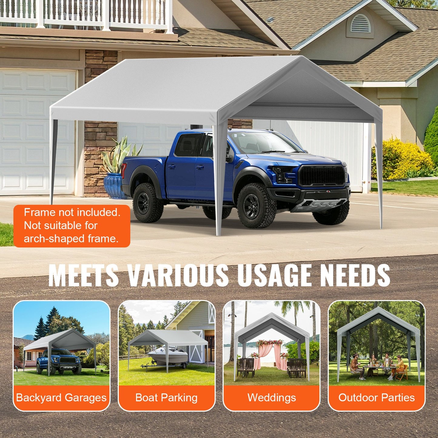 Carport Replacement Canopy Cover 6100 x 3040 mm Garage Top Tent Shelter Tarp Heavy-Duty Waterproof & UV Protected, Easy Installation with Ball Bungees,Grey (Only Top Cover, Frame Not Include)