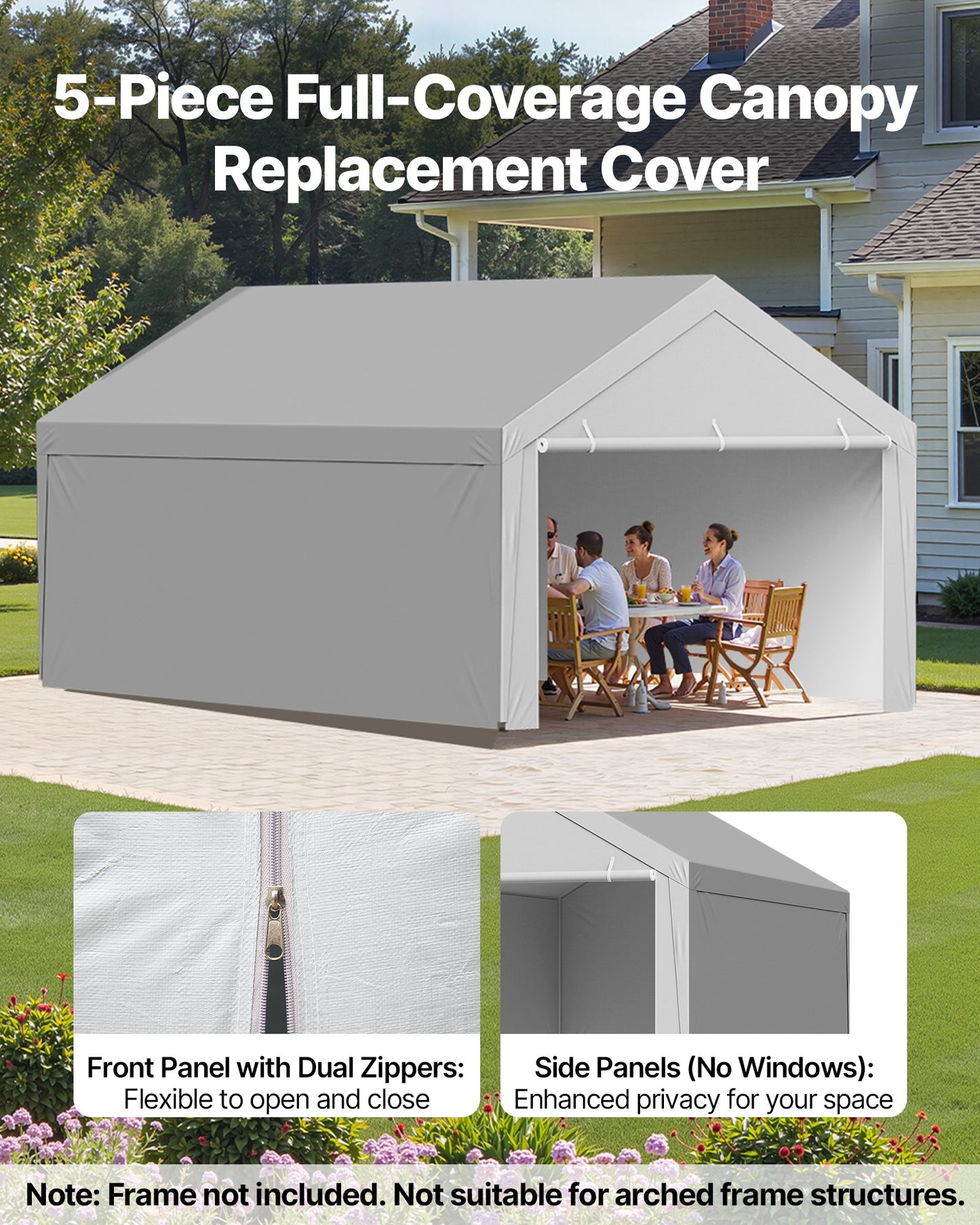 Carport Replacement Canopy, 3.6x 6 m Potable Garage Tent Top Tarp with Sidewalls, UV-Resistant & Waterproof, Heavy Duty Car Shelter Tarp with Ball Buggees, Grey, Frame Not Included