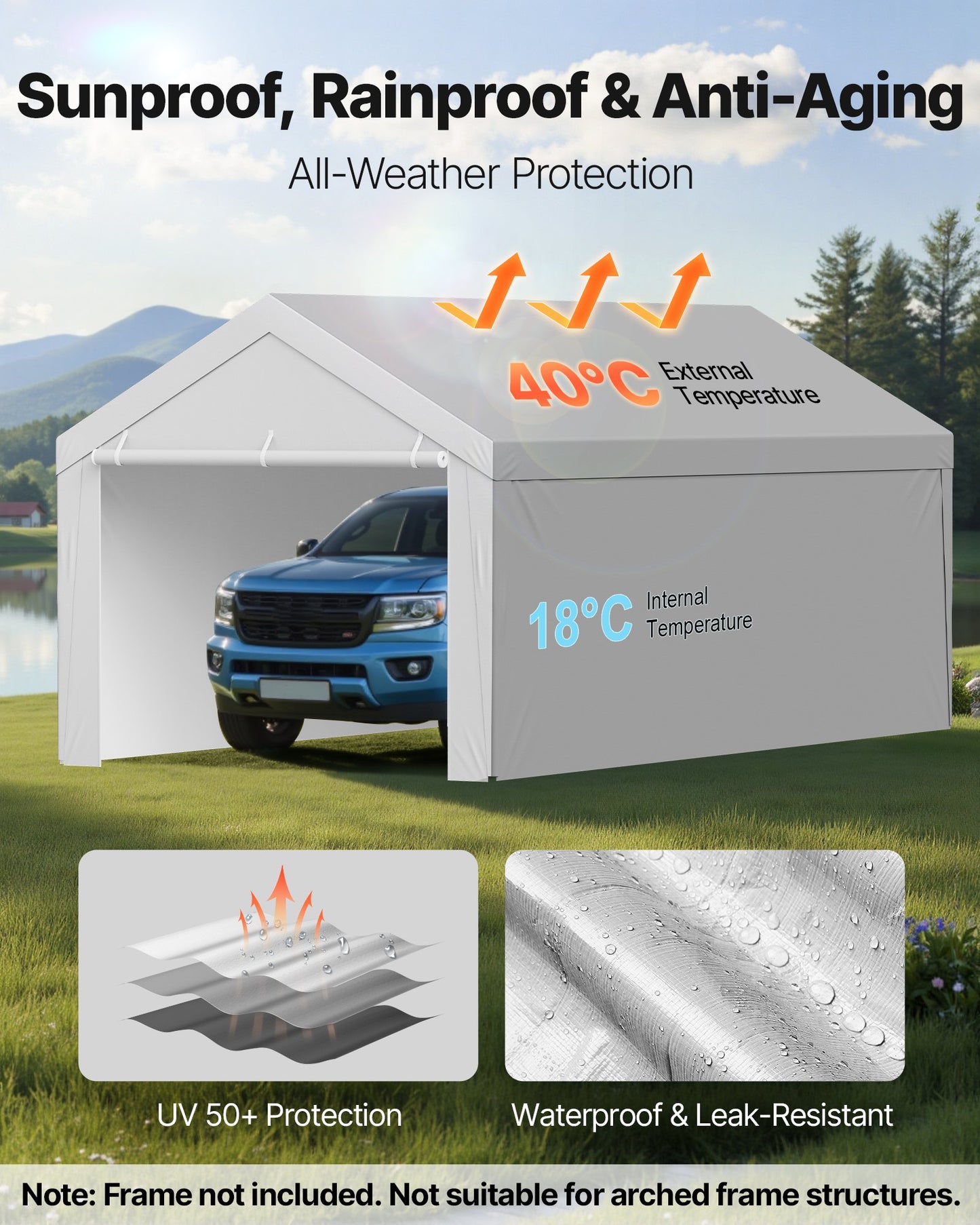 Carport Replacement Canopy, 3.6x 6 m Potable Garage Tent Top Tarp with Sidewalls, UV-Resistant & Waterproof, Heavy Duty Car Shelter Tarp with Ball Buggees, Grey, Frame Not Included