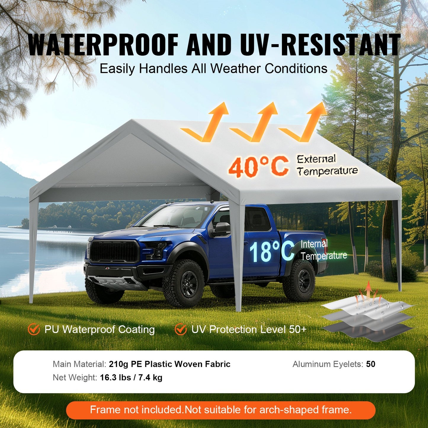 Carport Replacement Canopy Cover 13 x 20 ft, Garage Top Tent Shelter Tarp Heavy-Duty Waterproof & UV Protected, Easy Installation with Ball Bungees,Grey (Only Top Cover, Frame Not Include)