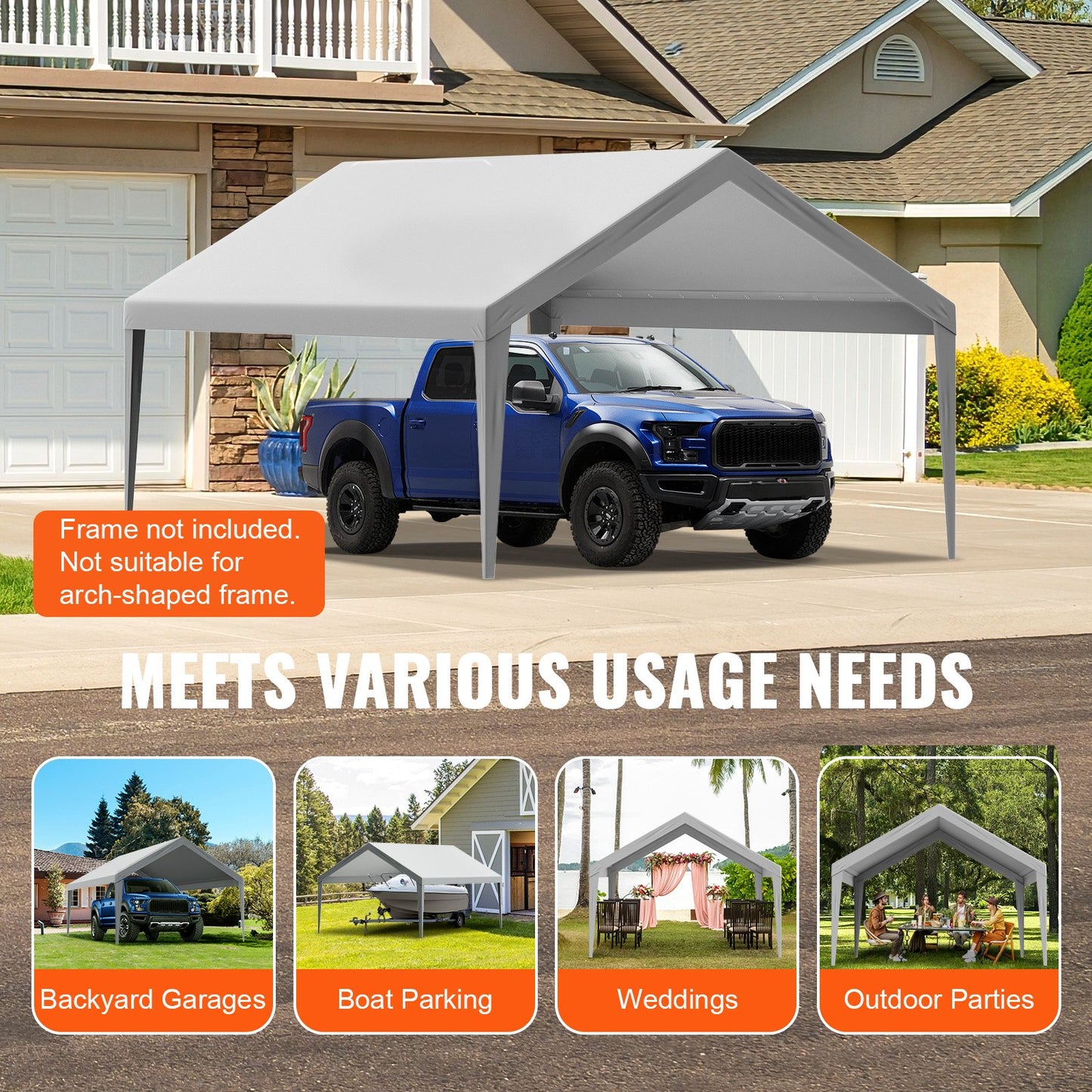 Carport Replacement Canopy Cover 13 x 20 ft, Garage Top Tent Shelter Tarp Heavy-Duty Waterproof & UV Protected, Easy Installation with Ball Bungees,Grey (Only Top Cover, Frame Not Include)