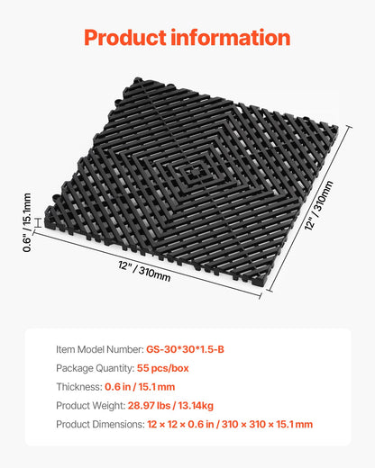 Interlocking Drainage Mat, 12” x 12” Modular Interlocking Cushion, 55 Pcs Splicing Drainage Mats, Non-Slip Black PP Drainage Floor Tile and Shower Mat, for Garage, Garden, Kitchen & Outdoor