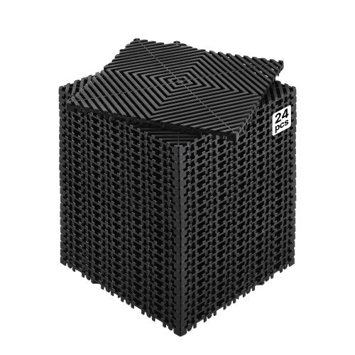 Interlocking Drainage Mat, 12” x 12” Modular Interlocking Cushion, 24 Pcs Splicing Drainage Mats, Non-Slip Black PP Drainage Floor Tile and Shower Mat, for Garage, Garden, Kitchen & Outdoor