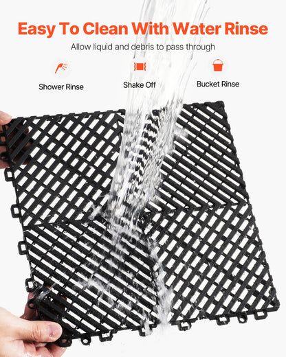 Interlocking Drainage Mat, 12” x 12” Modular Interlocking Cushion, 24 Pcs Splicing Drainage Mats, Non-Slip Black PP Drainage Floor Tile and Shower Mat, for Garage, Garden, Kitchen & Outdoor