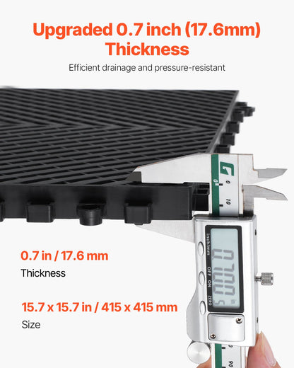 Sammankopplande dräneringsmatta, 15,7” x 15,7” modulär sammankopplande kudde, 24 st. skarvmattor för dränering, halkfria svarta PP-dräneringsgolvplattor och duschmatta, för garage, trädgård, kök och utomhusbruk