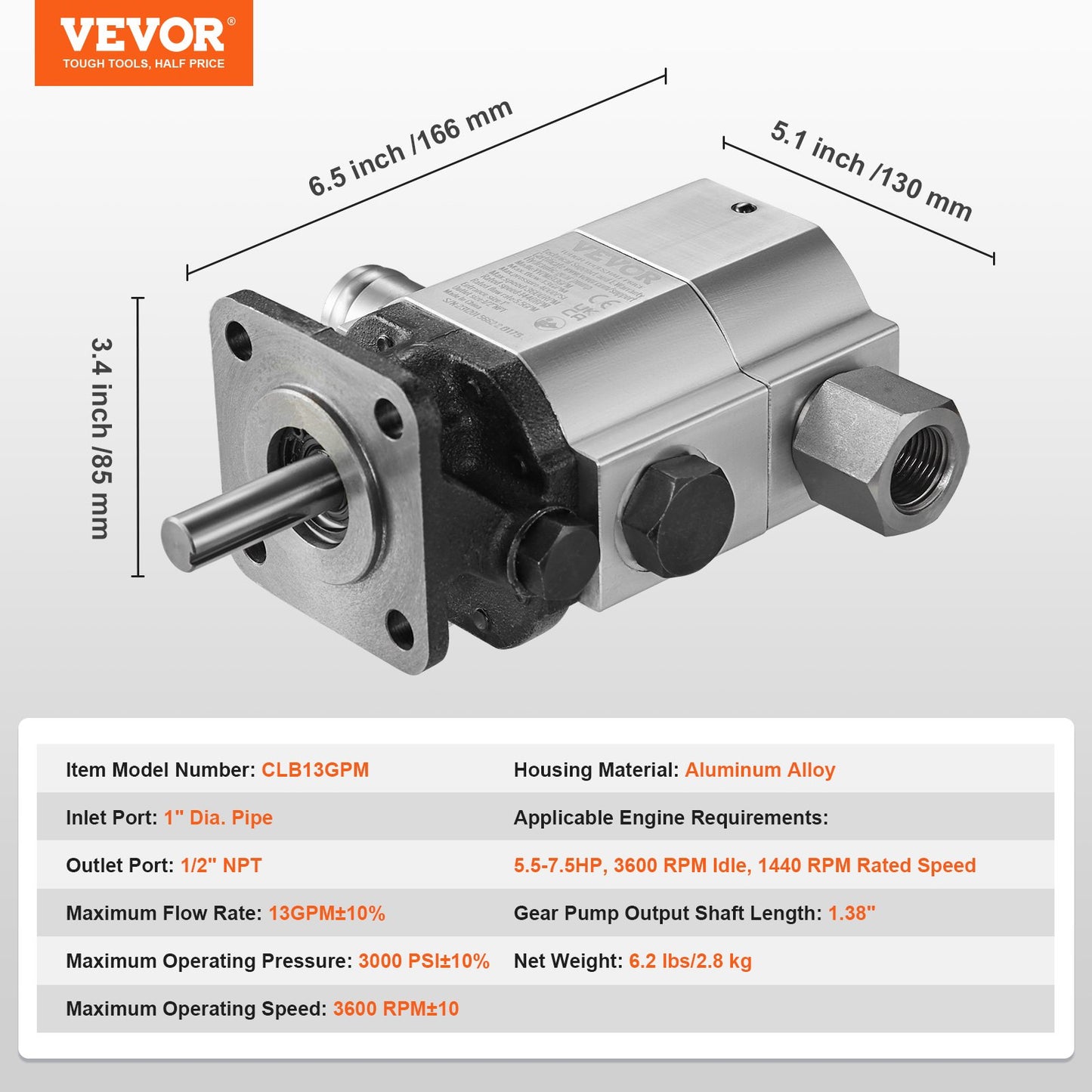 Hydraulic Log Splitter Pump, 13GPM, 2 Stage 3000PSI Wood Log Splitter Pump, 1'' Inlet 1/2'' NPT Outlet 3600 RPM Aluminum Hydraulic Gear Pump, for Small Engine Mounting Log Splitters Snowplow