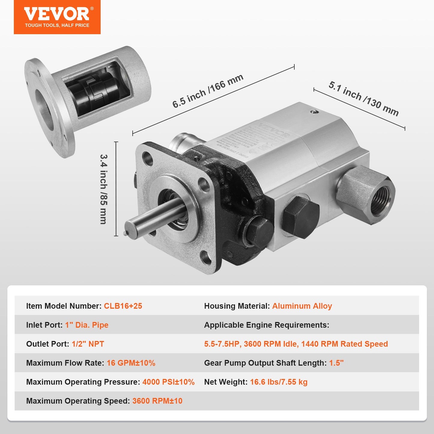 Hydraulisk vedklyvspumpsats, 60,6 l/min, 2-stegs 27,6 MPa hydraulisk kugghjulspump i aluminium, med ventil 2,54 cm inlopp 1,27 cm NPT-utlopp 3600 varv/min, för vedklyvar med liten motor