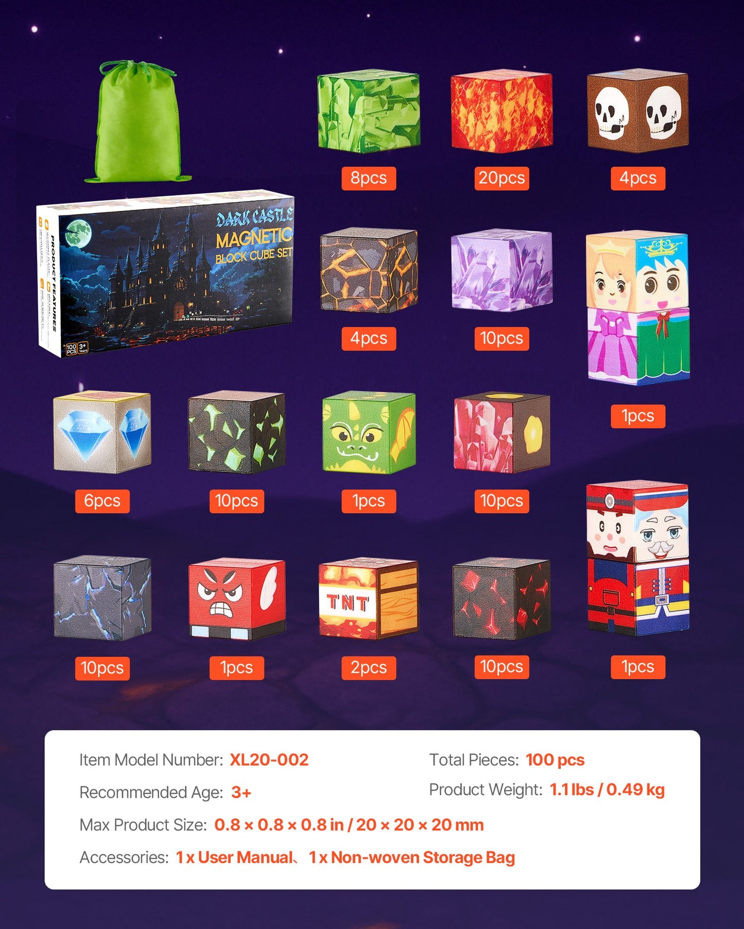 Magnetic Blocks, 100 PCS Dark Castle Set, Magnetic Building Cubes for Kids, STEM Montessori Sensory Toys for Christmas Birthday Gift, Construction Stacking Toy for 3+ Years Old Boys & Girls