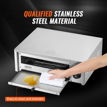 Elektrisk pizzaugn för bänkskiva, 30 cm, 1500 W, temperaturområde 0–300 °C, konstruktion i rostfritt stål och lättrengjord smulform, lämplig för både kommersiellt och hemmabruk