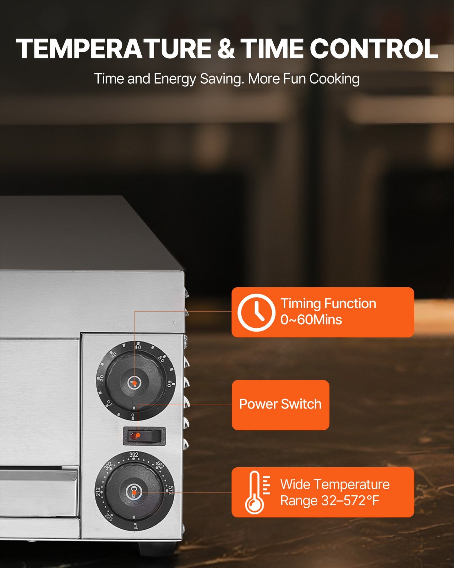 Elektrisk pizzaugn för bänkskivor, 30 cm, 1500 W, med temperaturkontroll och 0–60 minuters timer, jämn bakteknik och lättrengjord smulform, perfekt för både kommersiella och hemmakök