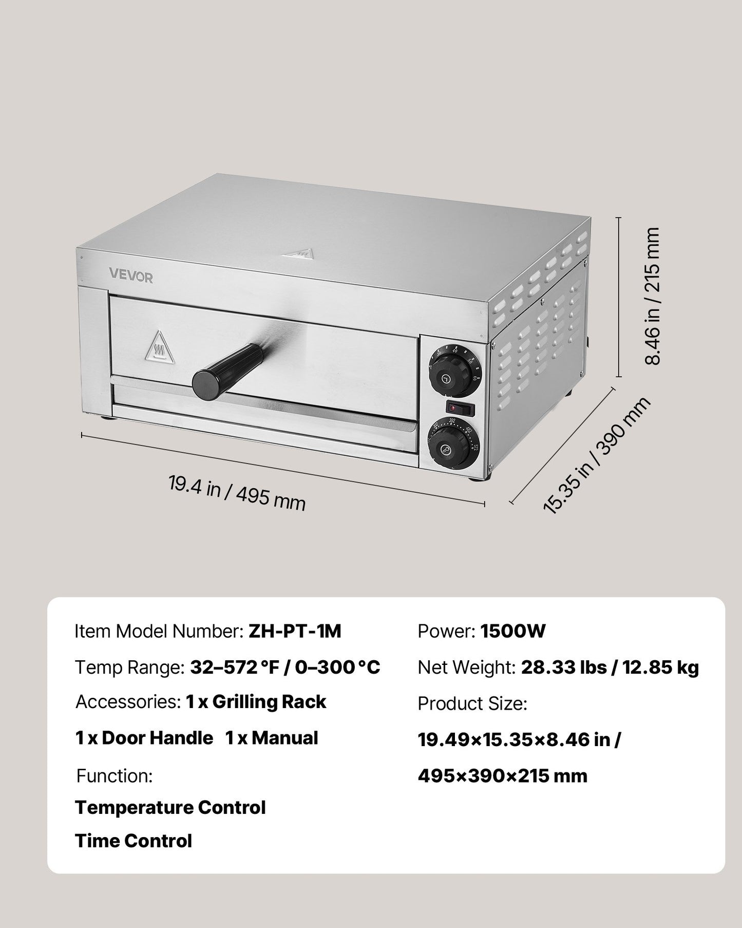 Elektrisk pizzaugn för bänkskivor, 30 cm, 1500 W, med temperaturkontroll och 0–60 minuters timer, jämn bakteknik och lättrengjord smulform, perfekt för både kommersiella och hemmakök