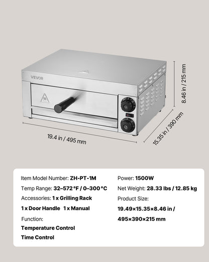 Elektrisk pizzaugn för bänkskivor, 30 cm, 1500 W, med temperaturkontroll och 0–60 minuters timer, jämn bakteknik och lättrengjord smulform, perfekt för både kommersiella och hemmakök
