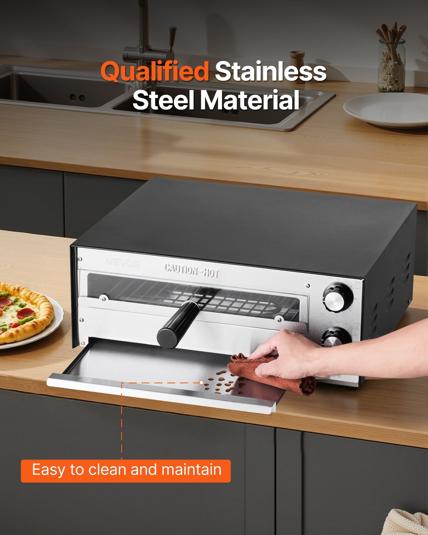 Elektrisk pizzaugn, 30 cm bänkskiva, maxtemperatur 190°C, 1450 W inomhuspizzamaskin med timer och temperaturkontroll, pizzakokare med dubbla värmerör, smulform, för matsal och hemmakök