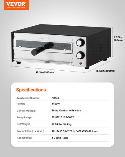 Elektrisk pizzaugn, 30 cm bänkskiva, maxtemperatur 190°C, 1450 W inomhuspizzamaskin med timer och temperaturkontroll, pizzakokare med dubbla värmerör, smulform, för matsal och hemmakök
