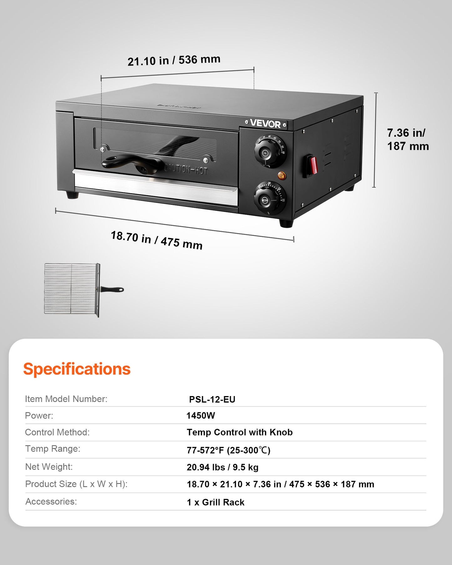 Electric Pizza Oven, 304.8mm Countertop Pizza Oven, 25 to 300℃ Temp Range, 1450W Indoor Pizzas Maker w/Timing & Temp Control, Pizzas Cooker w/Dual Heat Tube, Grill Rack, for Kitchen & Commercial