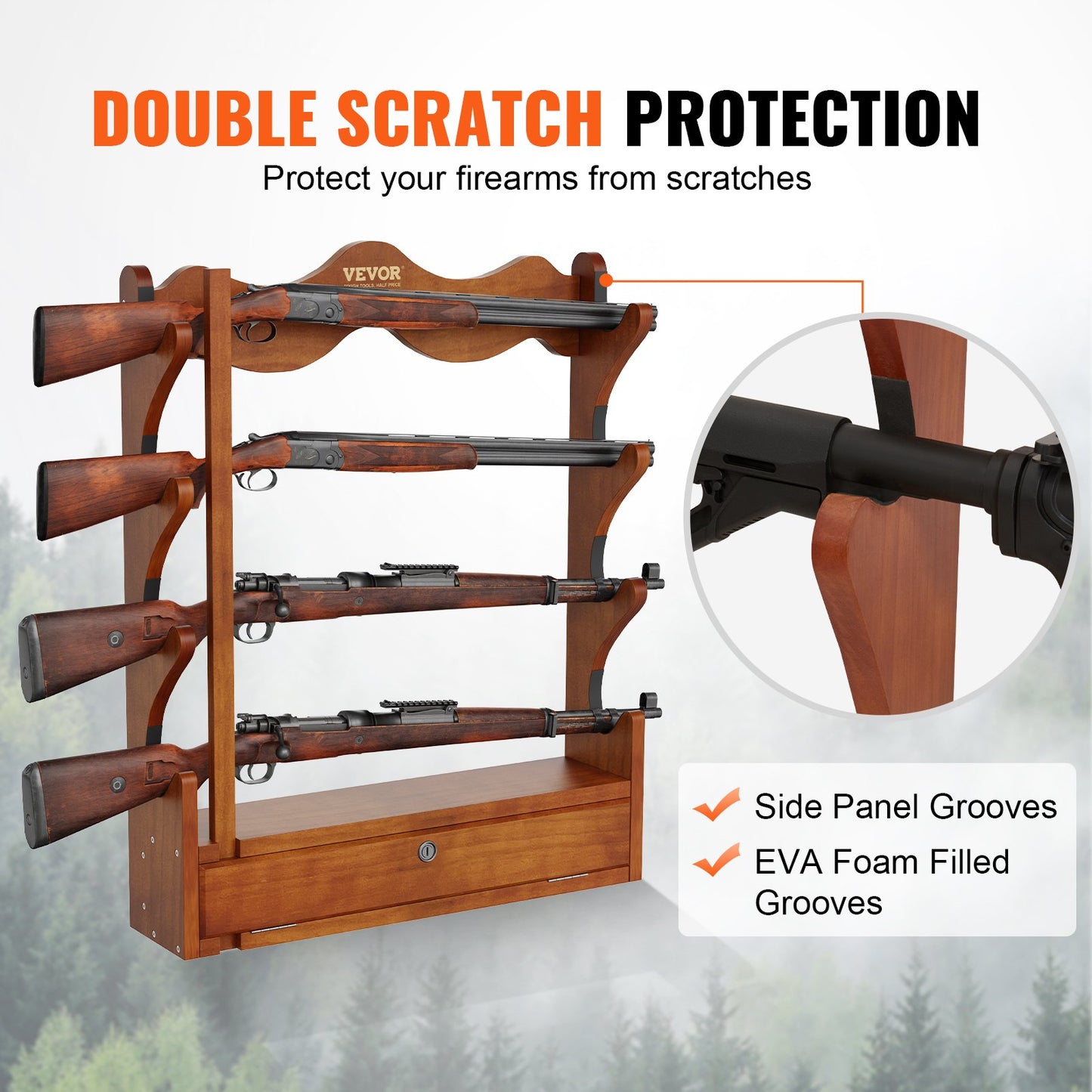 Gun Rack, Wood Gun Rack Wall Mount, Gun Display Rack holds 4 Rifles, Shotguns, 60 kg Heavy Duty Wall Storage Display Rifle Rack with Soft Padding
