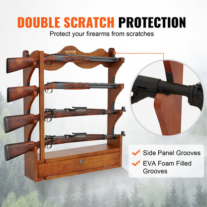 Gun Rack, Wood Gun Rack Wall Mount, Gun Display Rack holds 4 Rifles, Shotguns, 60 kg Heavy Duty Wall Storage Display Rifle Rack with Soft Padding