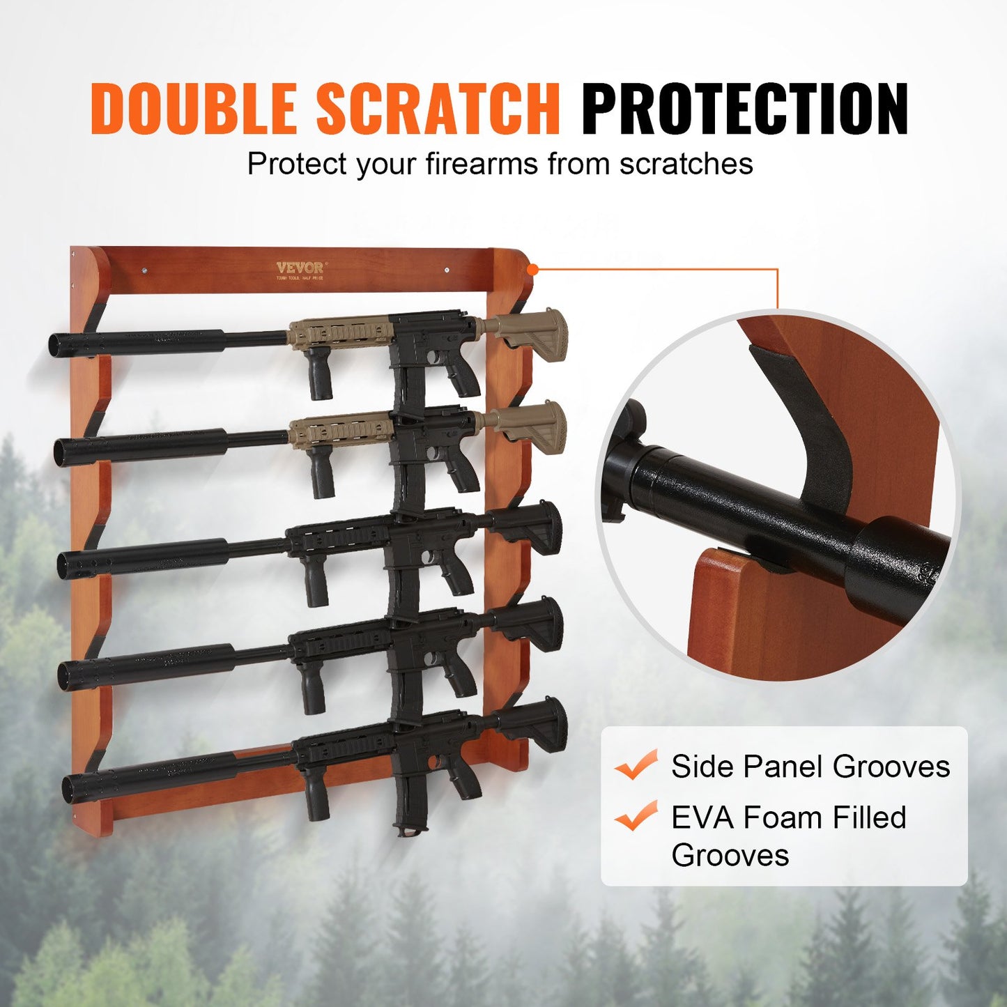 Gun Rack, Wood Gun Rack Wall Mount, Gun Display Rack holds 5 Rifles, Shotguns, 132 lb Heavy Duty Wall Storage Display Rifle Rack with Soft Padding