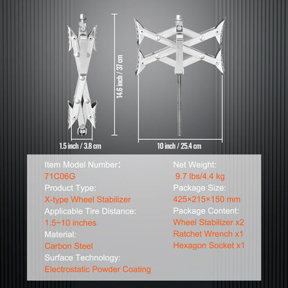 Hjulkloss för husbilar, X-formad hjulkloss för husbilar, passar för däckutrymme på 1,5" till 10", 2 uppsättningar hjulklossar med spärrnyckel och förvaringsväska för husbilar, husvagnar, lastbilar