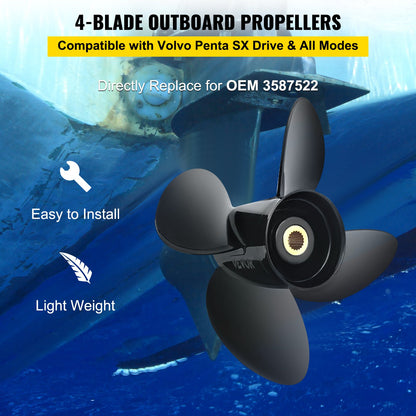 Outboard Propeller, Replace for OEM 3587522, 4-Blade 14 1/4\" x 19\" Pitch Aluminium Boat Propeller, Compatible with Volvo Penta SX Drive All Models, with 19 Tooth Splines, RH